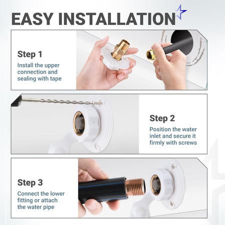 Three-step installation guide for RV city water inlet with brass check valve and pipe connections.