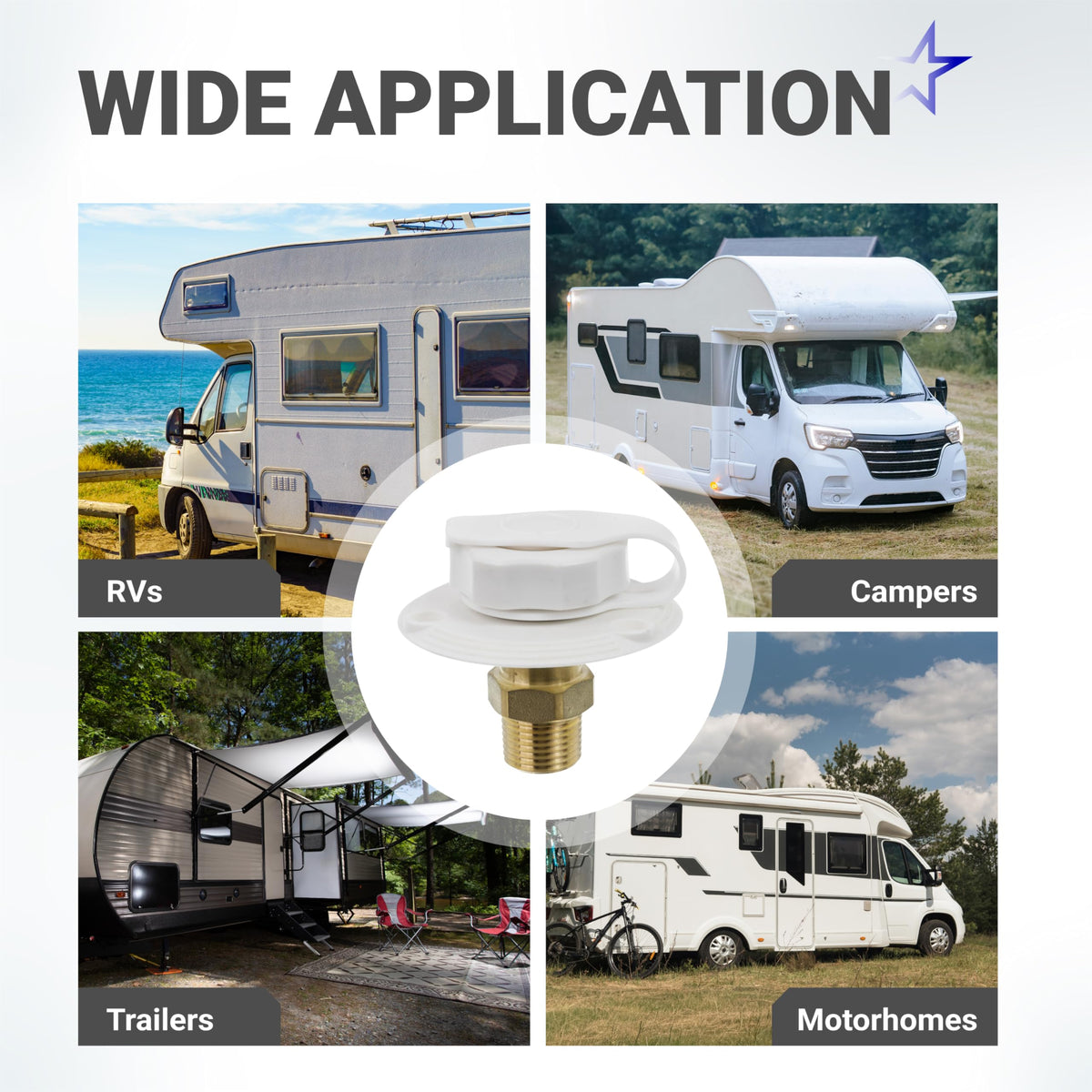 Brass RV city water inlet with check valve and dust plug shown in a collage with various recreational vehicles.