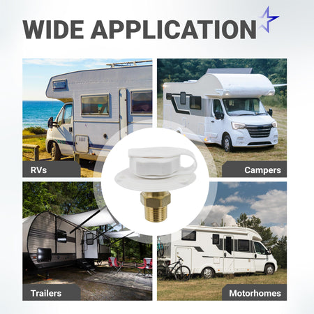 Brass RV city water inlet with check valve and dust plug shown in a collage with various recreational vehicles.