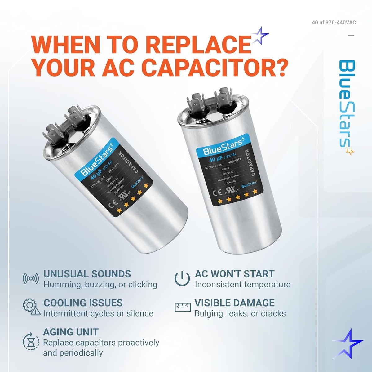 Infographic showing two 40 uF 370/440 VAC CBB65A round run capacitors with signs indicating when to replace an AC unit.