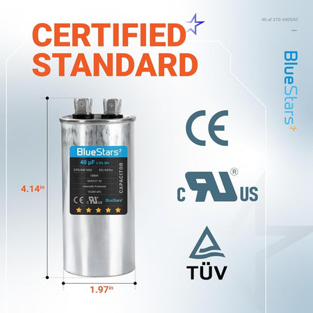40 uF 370/440 VAC CBB65A round run capacitor with dimensions and certification logos shown.