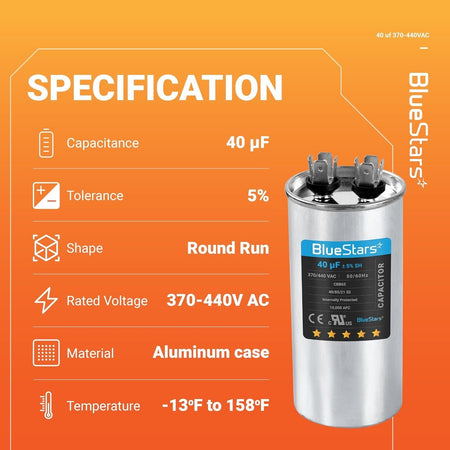 Specification chart for 40 uF 370/440 VAC CBB65A round run capacitor with technical details and product image.