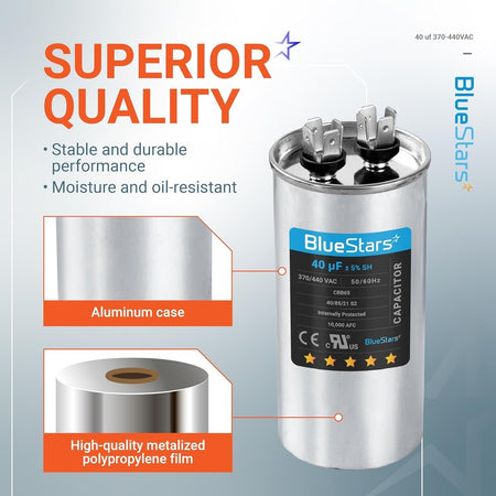 BlueStars 40 uF 370/440 VAC round run capacitor with aluminum case and metalized film construction details.