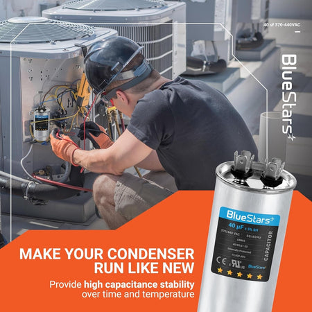 BlueStars 40 uF 370/440 VAC CBB65A round run capacitor for AC motor and heat pump repair.