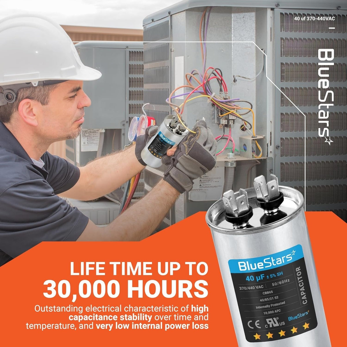 Technician installing a 40 uF 370/440 VAC CBB65A round run capacitor into an AC unit.