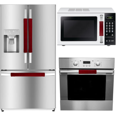 Red fabric door handle covers installed on a refrigerator, microwave, and oven to protect against smudges and stains.