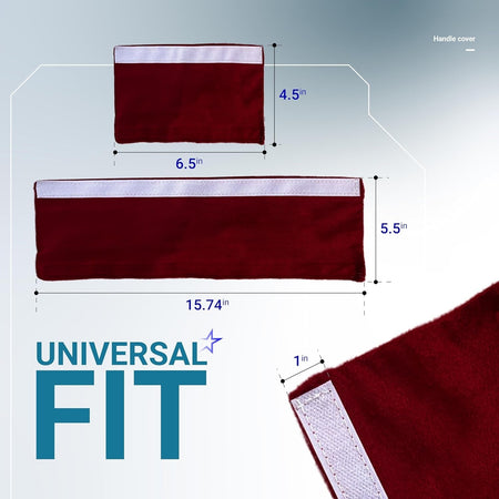 Red refrigerator door handle covers showing dimensions for universal fit sizes in inches.