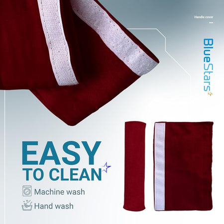Red refrigerator door handle covers with velcro strips, showing machine and hand wash cleaning instructions.
