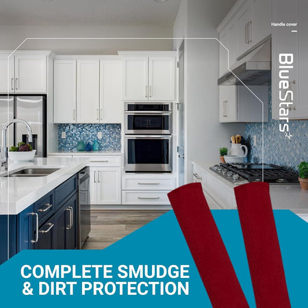 Two red refrigerator door handle covers displayed against a modern kitchen background.