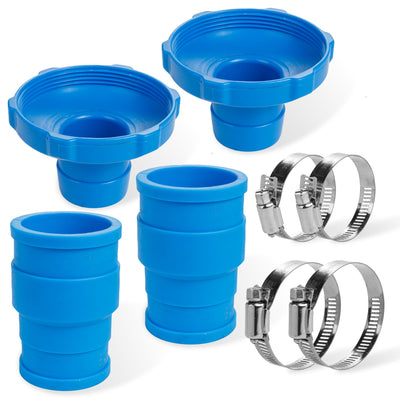 Pool vacuum hose adapter kit with two blue Intex B adapters, two flexible rubber connectors, and four metal clamps.
