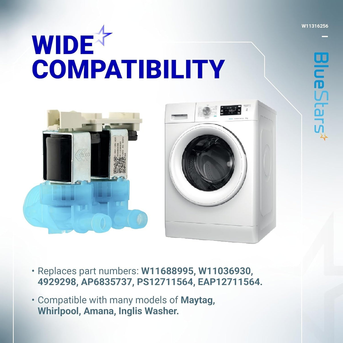 W11036930 washer water inlet valve shown with a compatible washing machine and replacement part list.