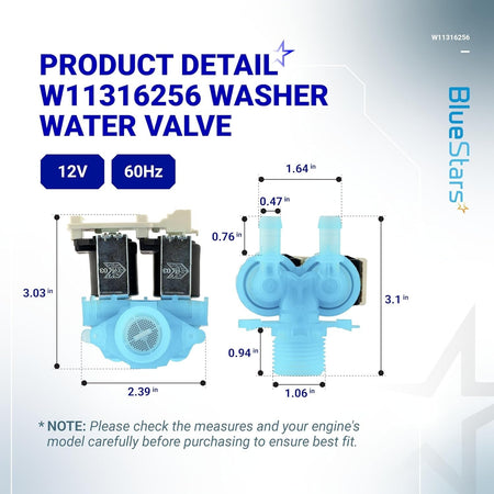 Dimensional diagram of W11316256 washer water inlet valve showing technical measurements and specifications.