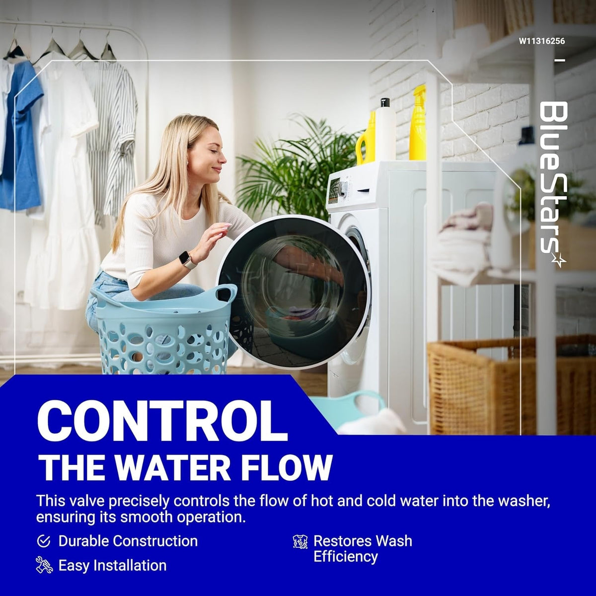 Woman loading a washing machine, illustrating the function of the W11036930 W11316256 washer water inlet valve.