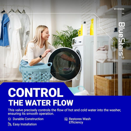 Woman loading a washing machine, illustrating the function of the W11036930 W11316256 washer water inlet valve.
