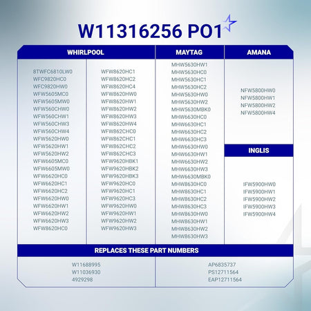 Compatibility chart for W11316256 washer water inlet valve listing Whirlpool, Maytag, Amana, and Inglis model numbers.
