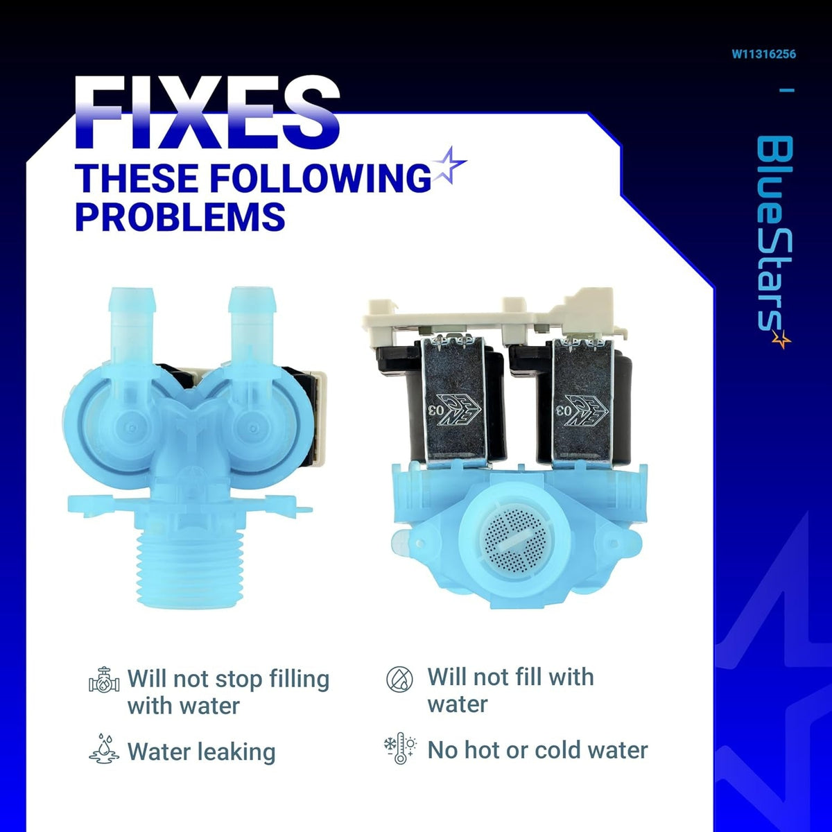 Infographic showing W11036930 washer water inlet valve and common repair issues like leaking or failure to fill.