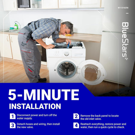 Technician installing a W11036930 washer water inlet valve with 5-minute installation instructions.