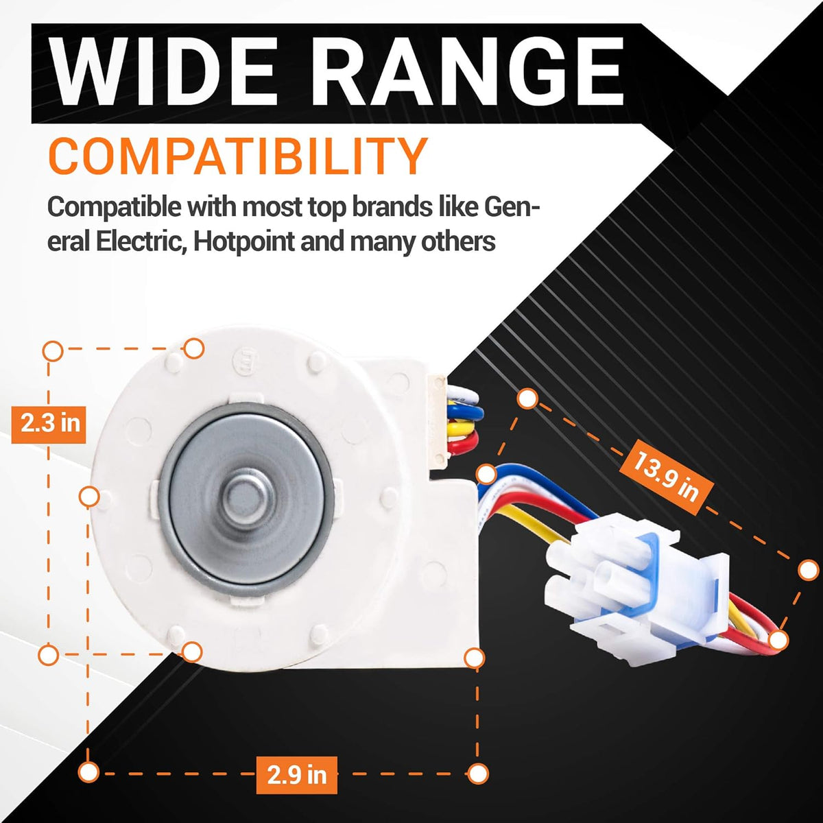 WR60X10185 refrigerator evaporator fan motor showing dimensions and compatibility for GE and Hotpoint models.