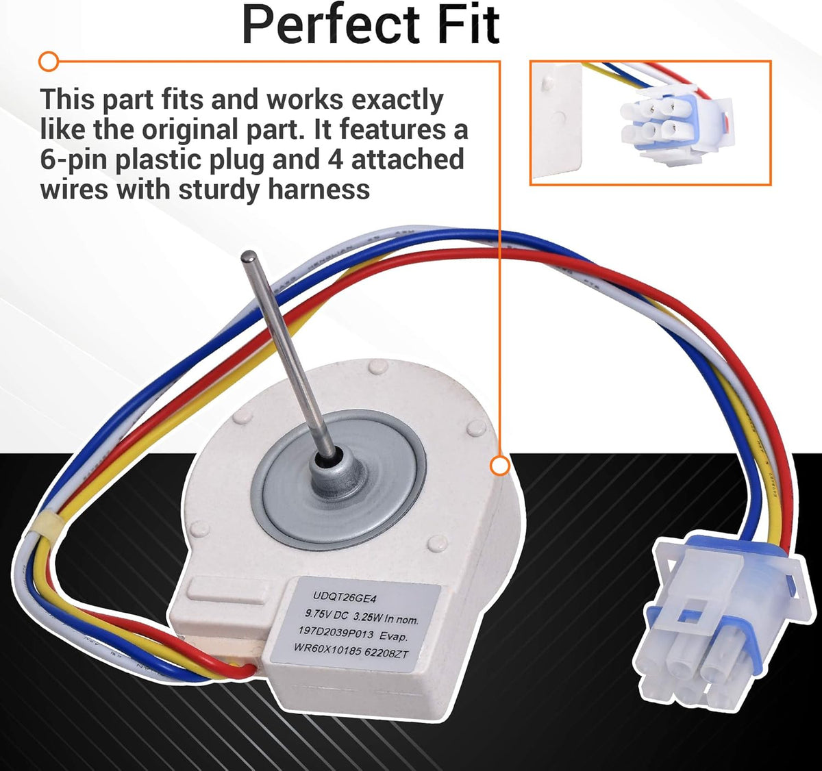 WR60X10185 evaporator fan motor for GE refrigerators showing 6-pin plastic plug and wiring harness detail.