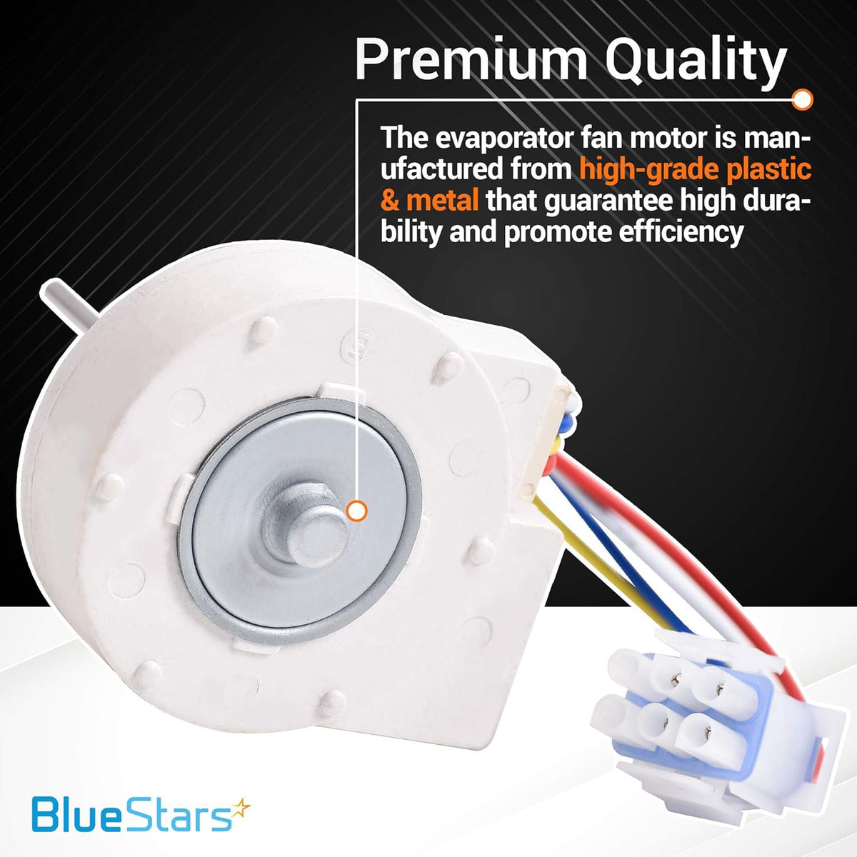 WR60X10185 evaporator fan motor for GE and Hotpoint refrigerators with wiring harness and connector.