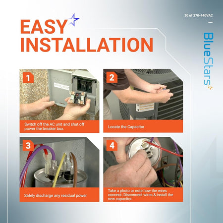 Infographic showing 4-step installation guide for 30 uF motor run capacitor in air conditioner and heat pump units.