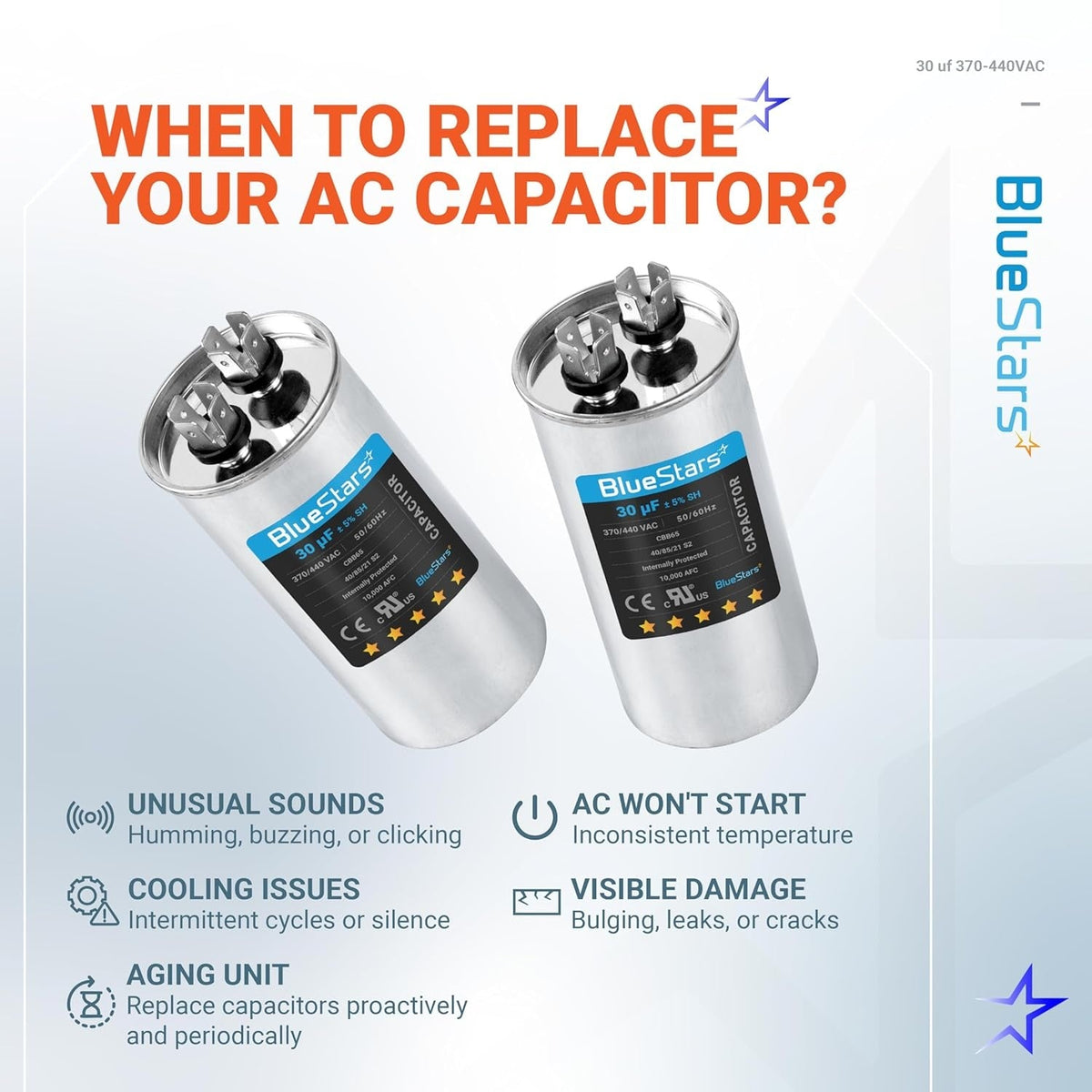 Infographic showing two 30 uF 370/440 VAC motor run capacitors and signs indicating when to replace an AC capacitor.