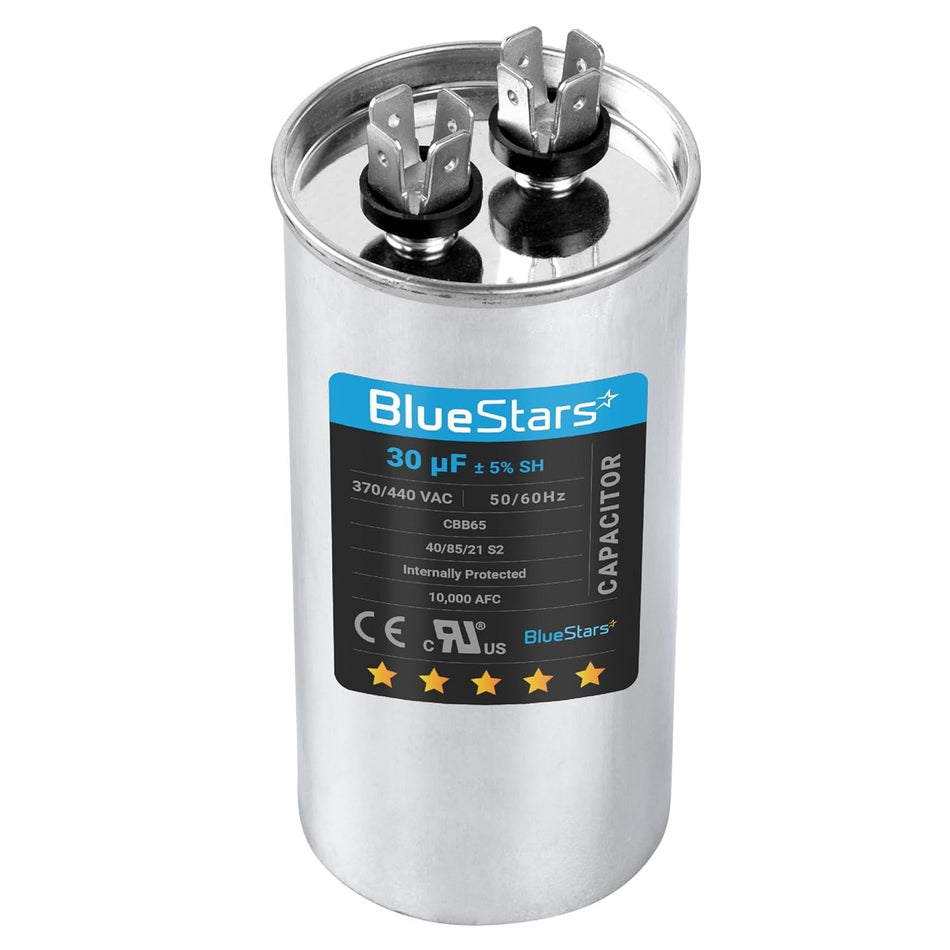 30 uF 370/440 VAC round motor run capacitor for air conditioner and heat pump systems.
