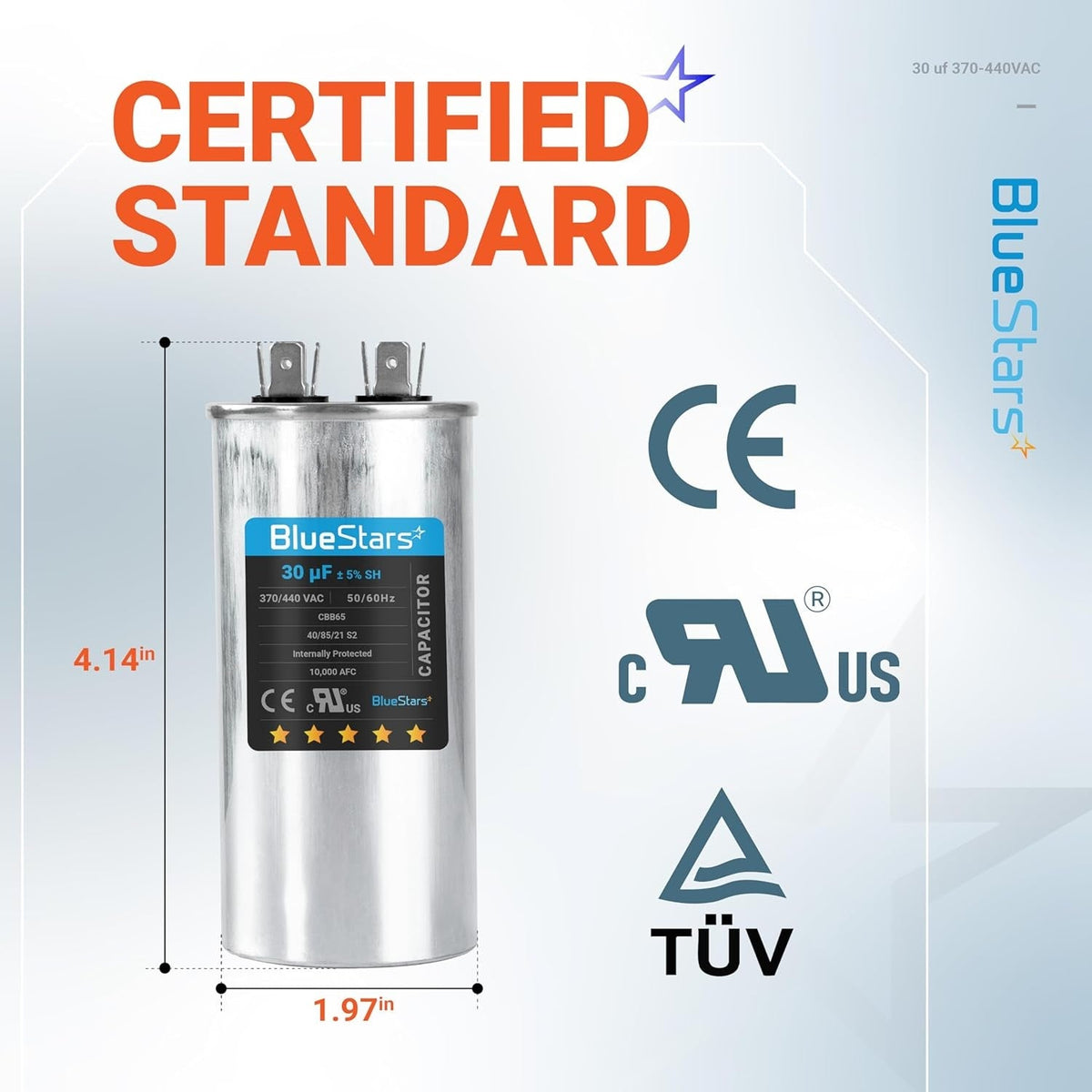 30 uF round motor run capacitor with dimensions and safety certification labels for AC and heat pump systems.