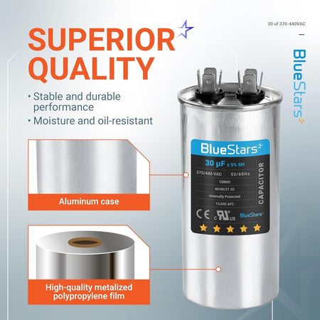 BlueStars 30 uF 370/440 VAC round motor run capacitor with aluminum case and metalized polypropylene film construction.