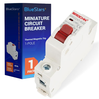 40 Amp DC miniature circuit breaker with 1-pole thermal magnetic trip and retail packaging.