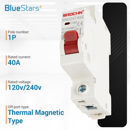 Single-pole 40 Amp DC miniature circuit breaker with 120V/240V rating and red toggle switch.