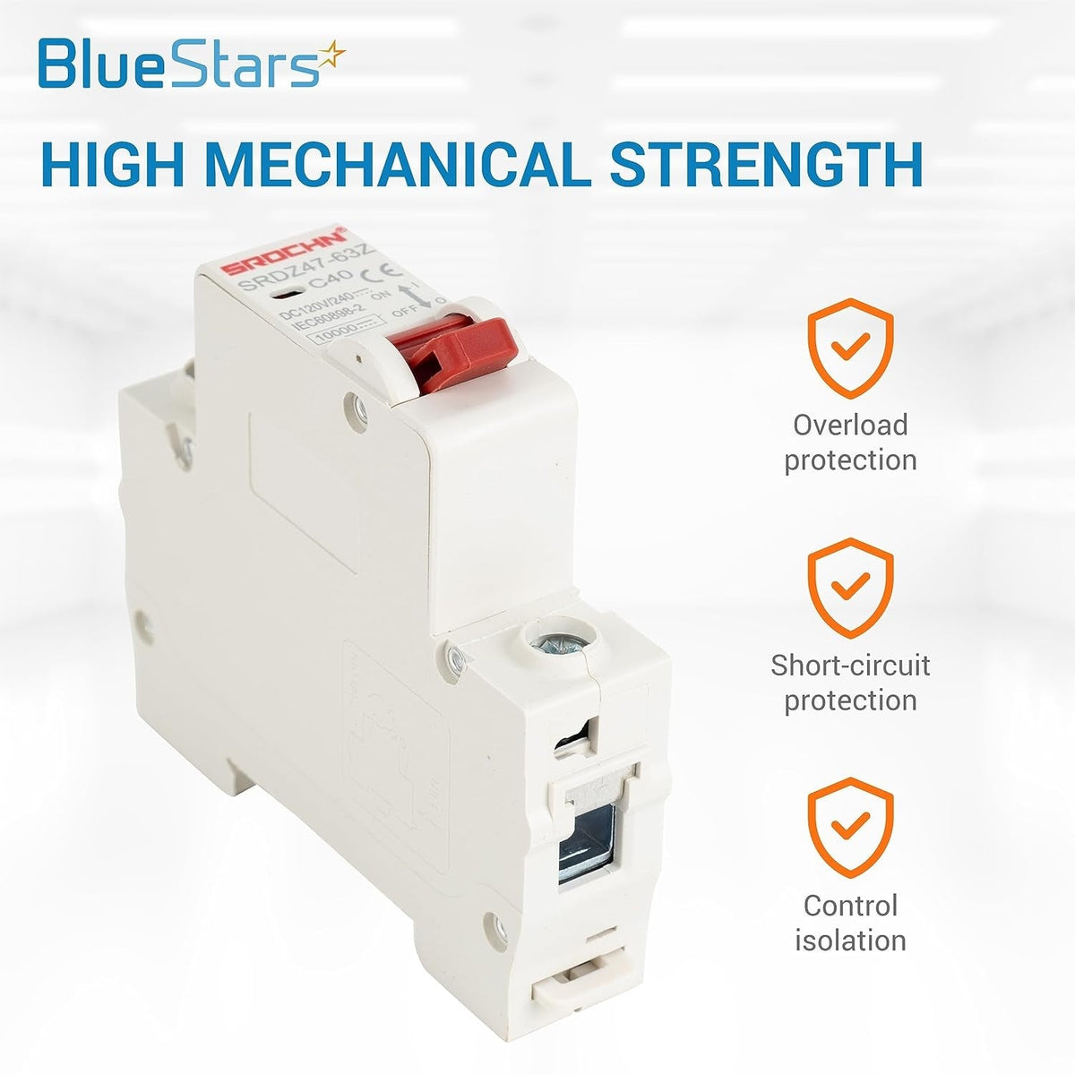 40 Amp DC miniature circuit breaker with red switch and overload protection features.