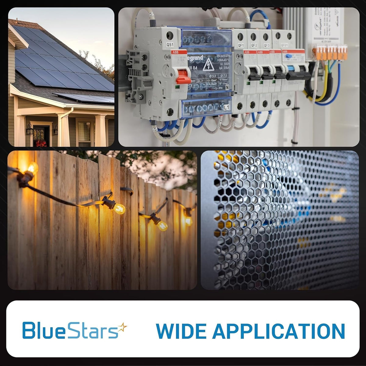 Collage showing a 40 Amp DC miniature circuit breaker installed in an electrical panel with solar and lighting systems.