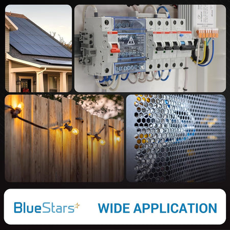 Collage showing a 40 Amp DC miniature circuit breaker installed in an electrical panel with solar and lighting systems.