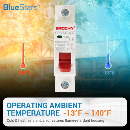 40 Amp DC miniature circuit breaker showing temperature resistance range from -13°F to 140°F.