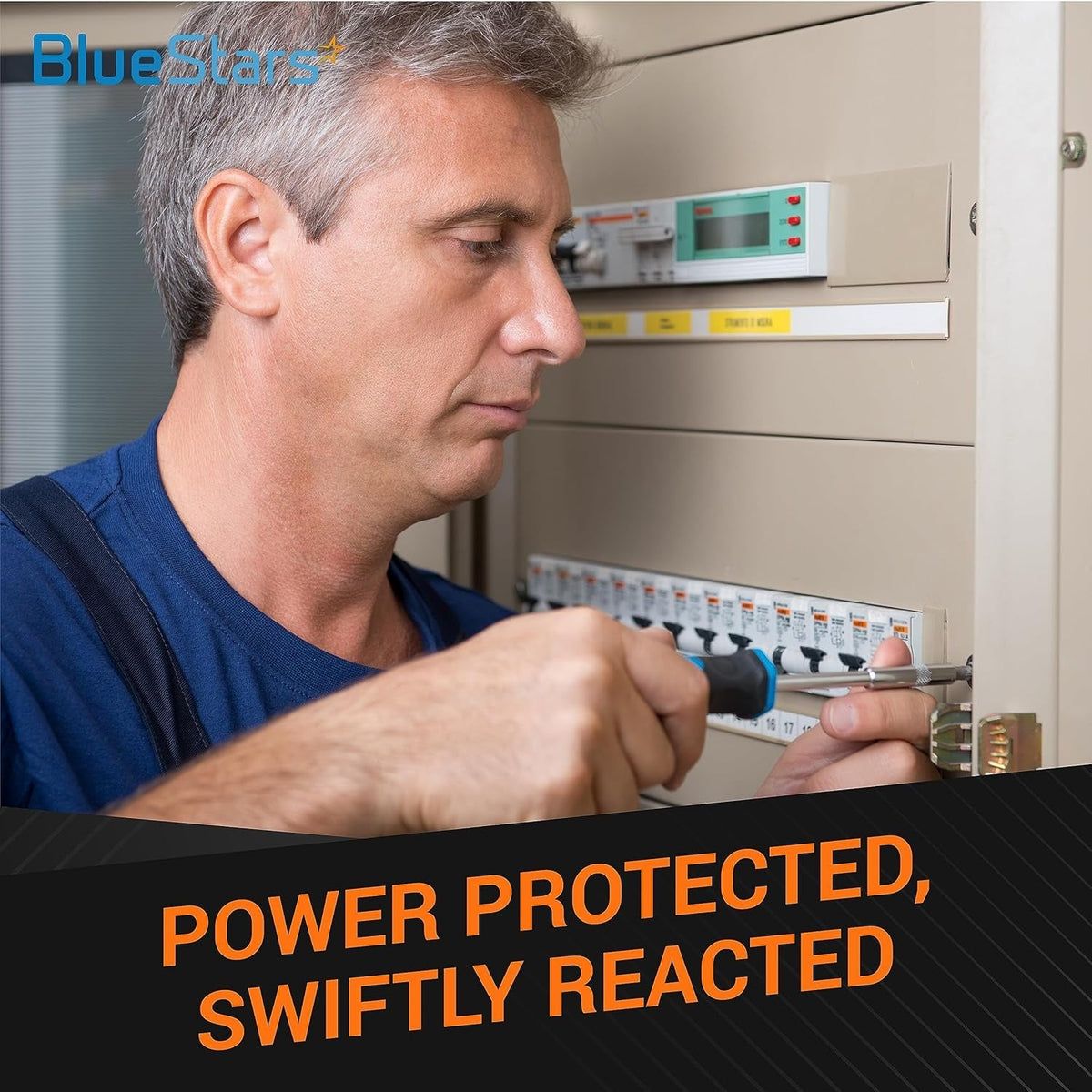 Technician installing a 40 Amp DC miniature circuit breaker in an electrical panel.