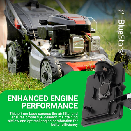Air cleaner primer base for B&S 122000 engines shown with lawn mower application graphic.