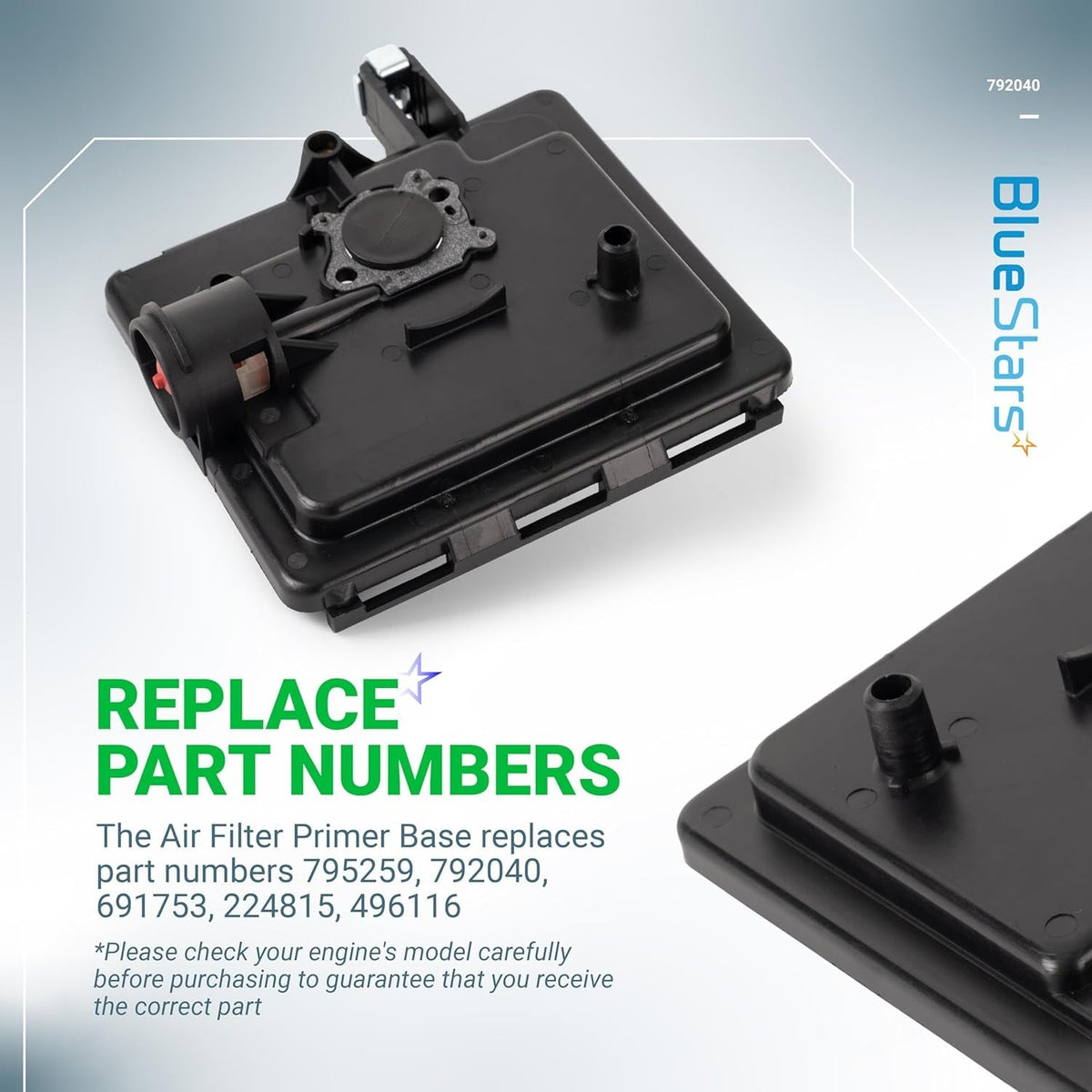 Black air cleaner primer base for Briggs & Stratton 122000 engines, replacement for part numbers 795259 and 792040.