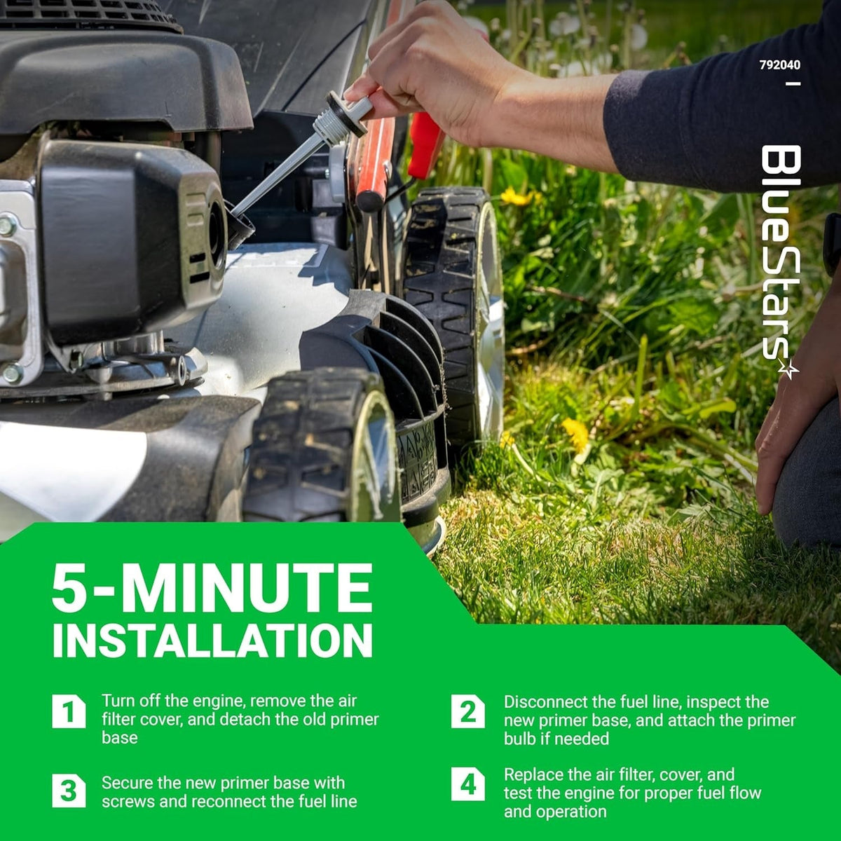 Installation guide for 792040 air cleaner primer base on a Briggs & Stratton lawn mower engine.