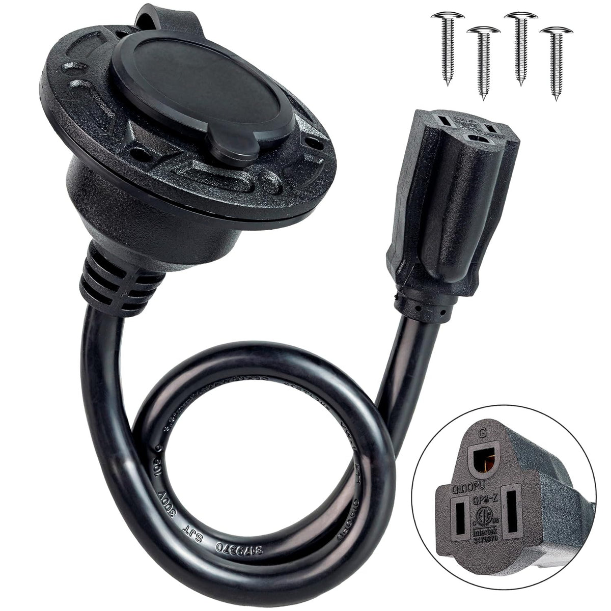 15A 125V AC Shore Power Inlet Plug with coiled cord, inlet cover, connector, screws, and connector close-up