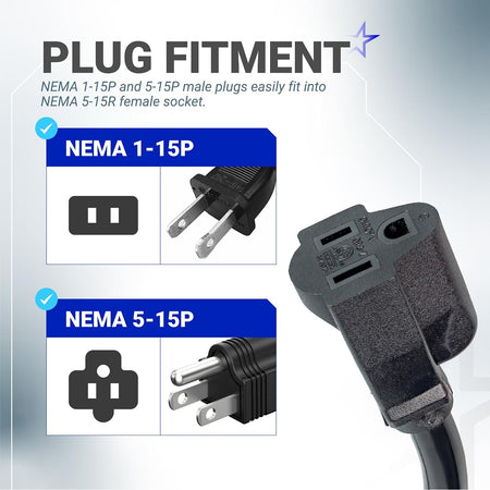 15A 125V AC Shore Power Inlet Plug shows NEMA 1-15P and 5-15P plug fitment diagrams