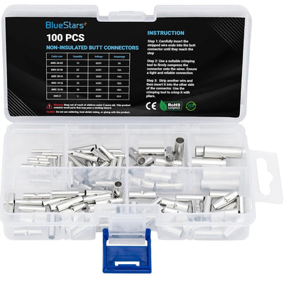 Open plastic storage case containing 100 pieces of assorted non-insulated butt splice wire connectors.