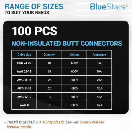 Size chart for 100-piece non-insulated butt connector kit showing cable gauges, quantities, voltage, and amperage.