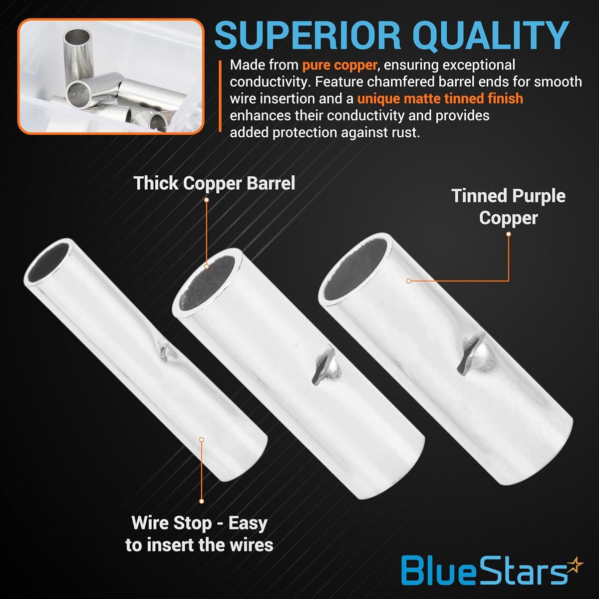 Infographic showing non-insulated copper butt splice connectors with thick barrels and wire stops.