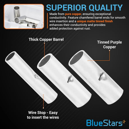 Infographic showing non-insulated copper butt splice connectors with thick barrels and wire stops.