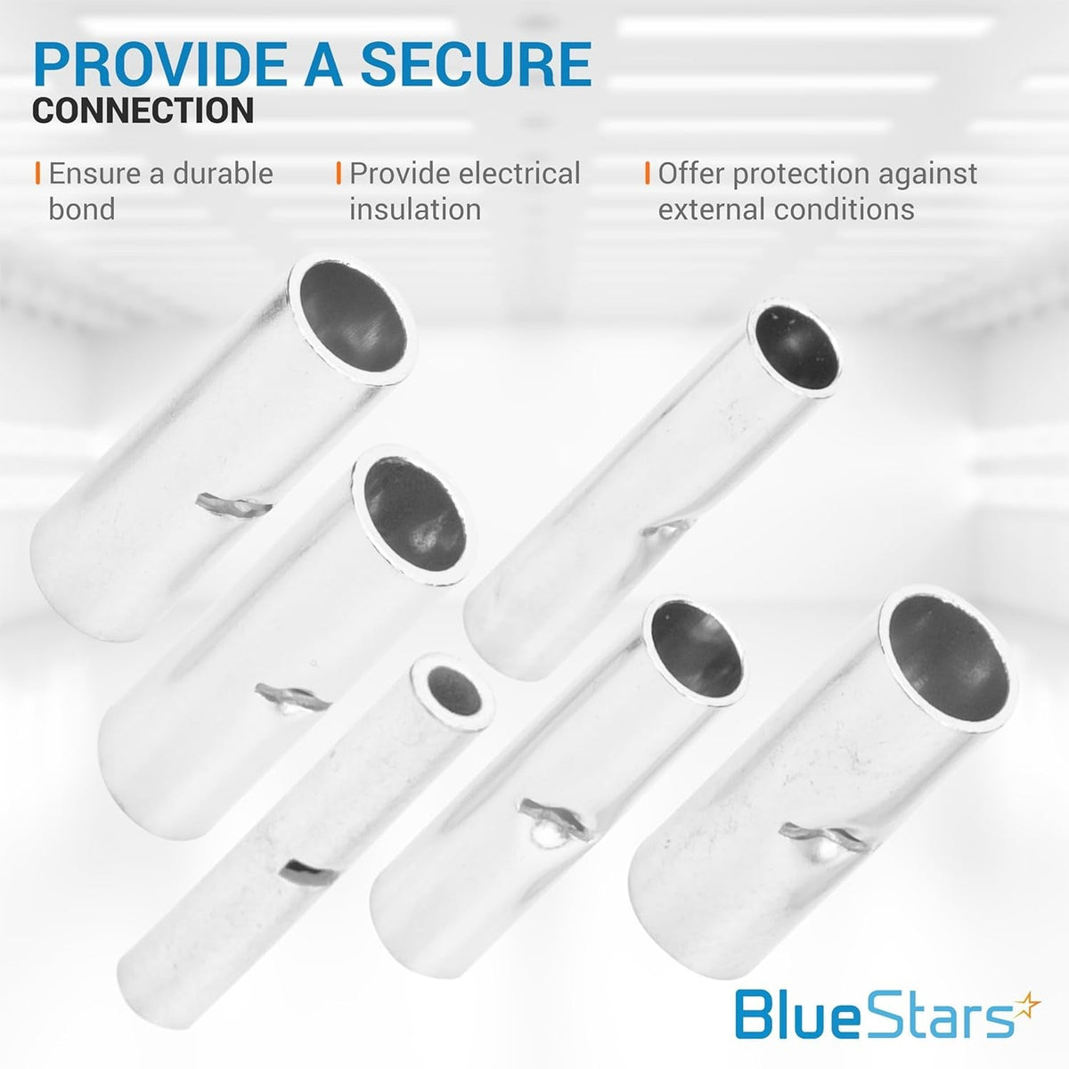 Group of non-insulated butt connectors for secure electrical wire splicing.