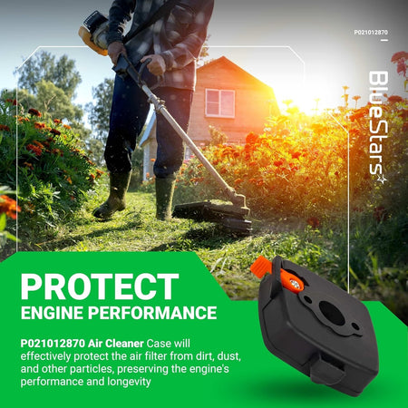 P021012870 air cleaner case assembly for Echo and Shindaiwa trimmers shown in a promotional product graphic.