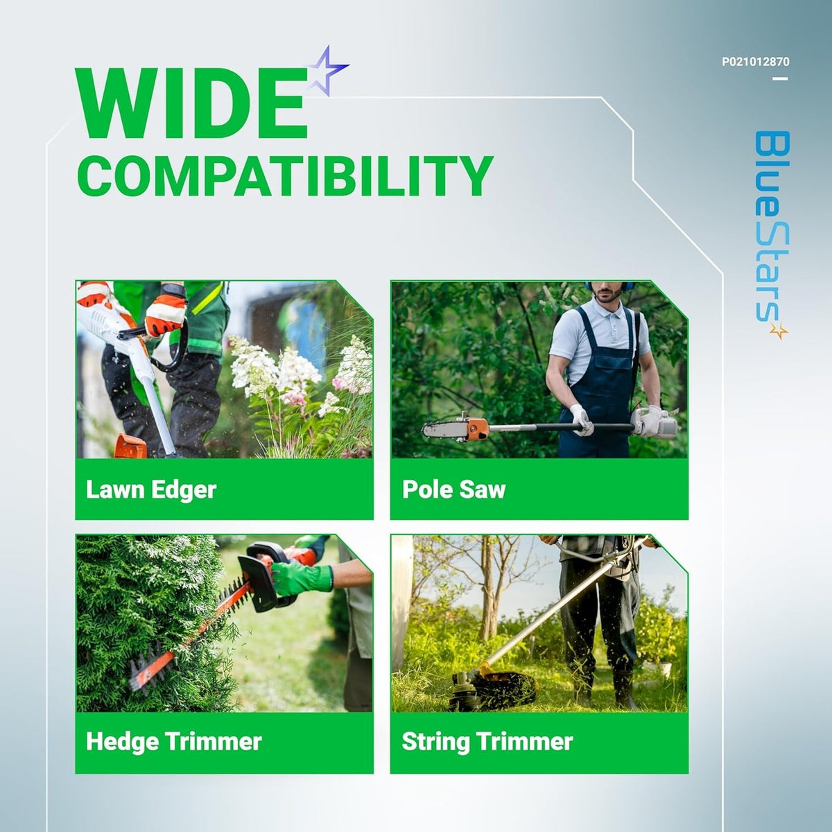 Infographic showing wide compatibility of P021012870 air cleaner case assembly with various outdoor power equipment.