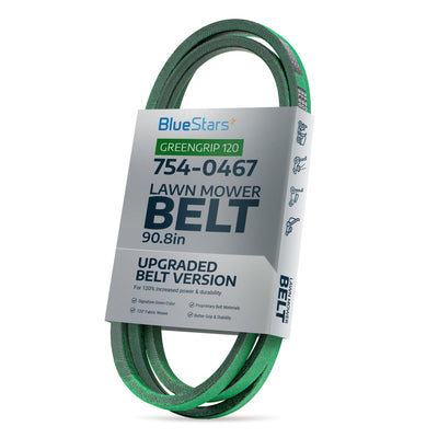 954-0467A green lawn mower drive belt in BlueStars branded packaging, 90.8-inch length.