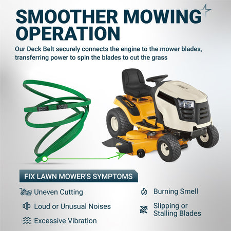 Infographic showing 954-0467A lower drive belt installation on a lawn mower to fix common cutting symptoms.